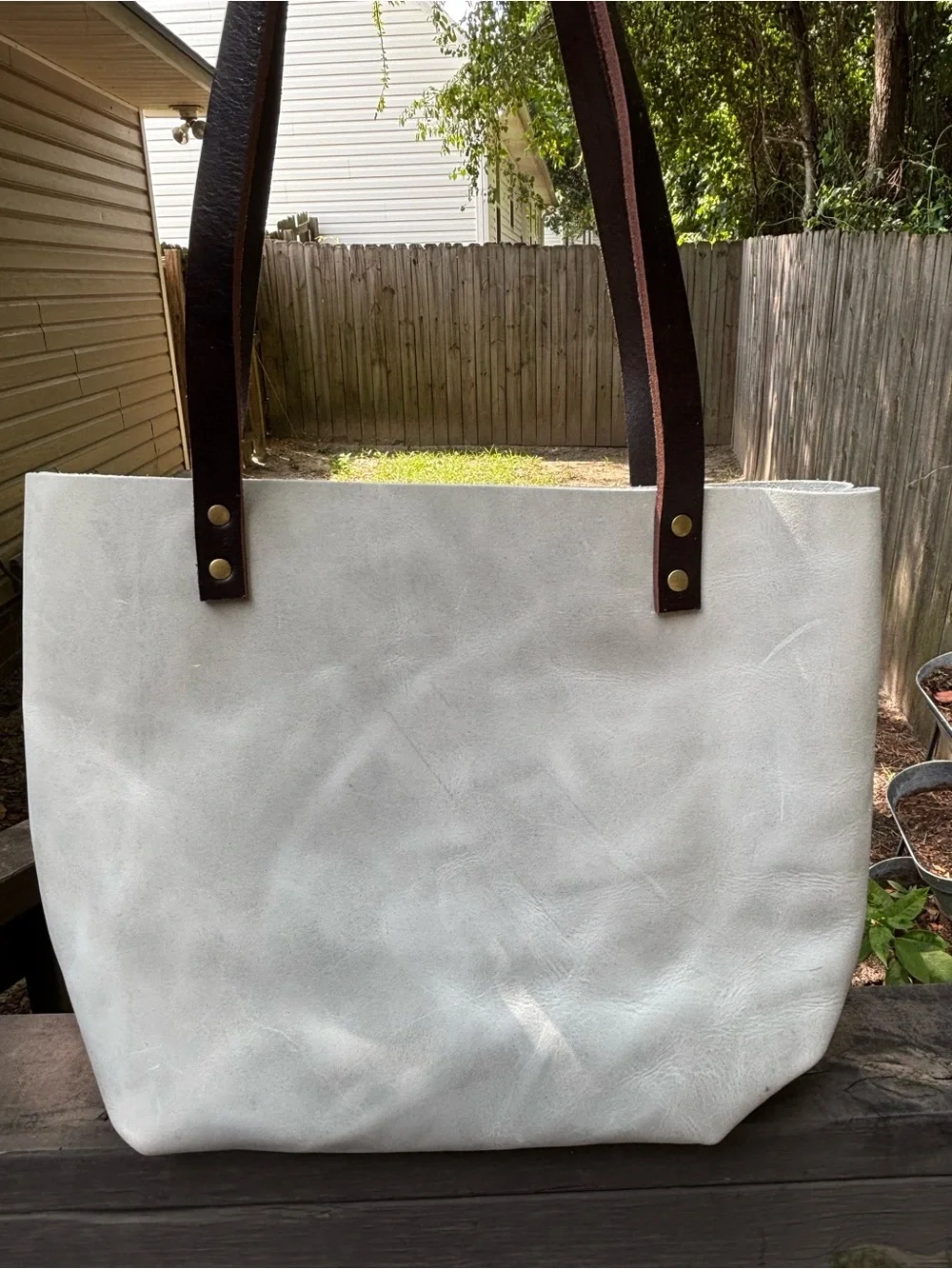 Portland Leather Medium Beluga Tote Bag with Brown Leather Straps - White